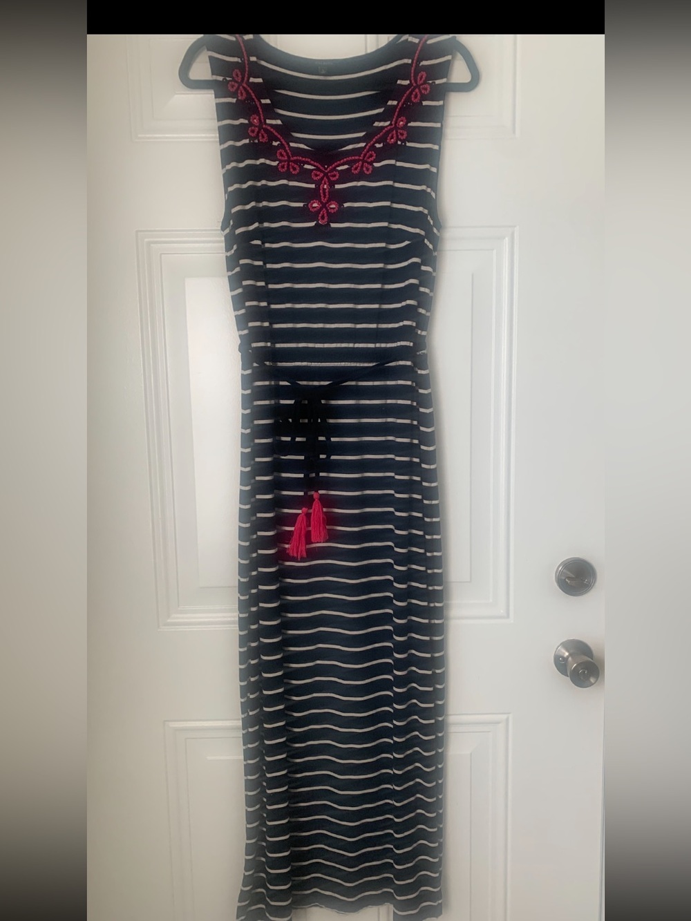 Talbots Navy and White Striped Maxi Dress with Pink Embroidery & Tassels Size L